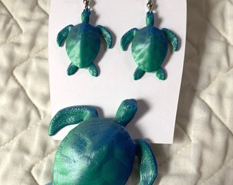 Earth Day Sea Turtle Magnet and Earrings Duo-pair 3d printed Multi-color SeaTurtle Drop Earrings and Large Magnet