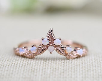 V shape, Natural Leaf Ivy Style Wedding Band, White Opal Solid Gold Ring