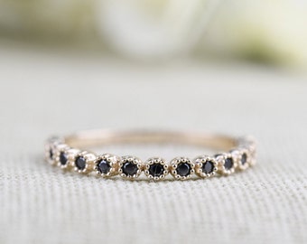 Floral Mill Grained Black Diamond Wedding Band. Solid 10k 14k Gold Dainty Ring