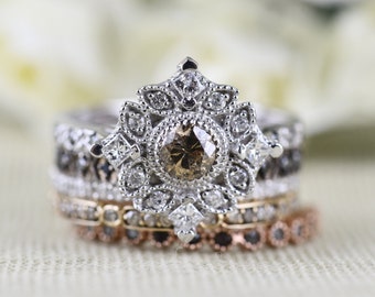 Floral & Vintage Engagement ring  Cognac and White  Diamond 14k solid Ring