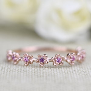 Adorable Floral Half Eternity Band Solid 14k Gold Pink Sapphire Birthstone Dainty Ring