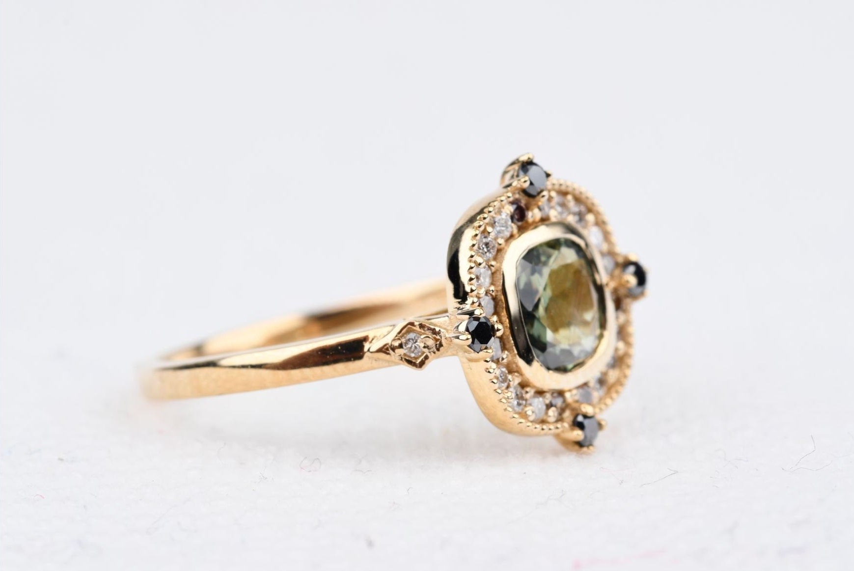 Art deco Olive green sapphire & multi diamond halo vintage | Etsy
