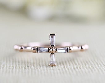 Cross Rosary Ring, White Chrystal  14k Solid Rose gold Daily Rosary Ring