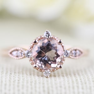 Art deco Floral Pink Morganite Engagement Ring White Diamond 14k Solid Rose Gold Vintage Ring