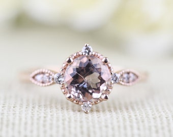Art deco Floral Pink Morganite Engagement Ring White Diamond 14k Solid Rose Gold Vintage Ring