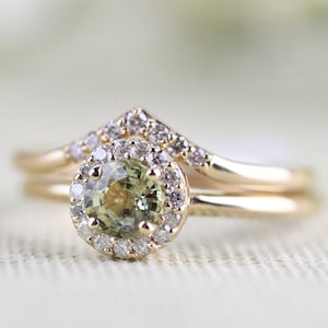 Olive Green Round Sapphire Engagement Ring, 14k Yellow Gold White Diamond Wedding Set