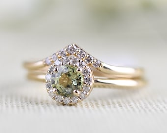 Olive Green Round Sapphire Engagement Ring, 14k Yellow Gold White Diamond Wedding Set