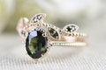 Vintage Olive Green Sapphire Engagement Ring Set, 14k Yellow Gold