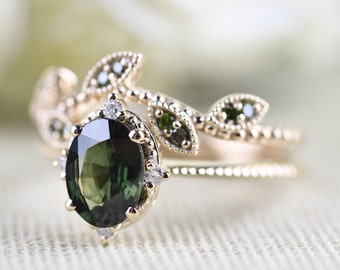 Special Olive Green Sapphire  Vintage  Engagement Ring 1.2 ct Oval Sapphire ,Green Diamond , Solid 14k Yellow Gold  Bridal Set