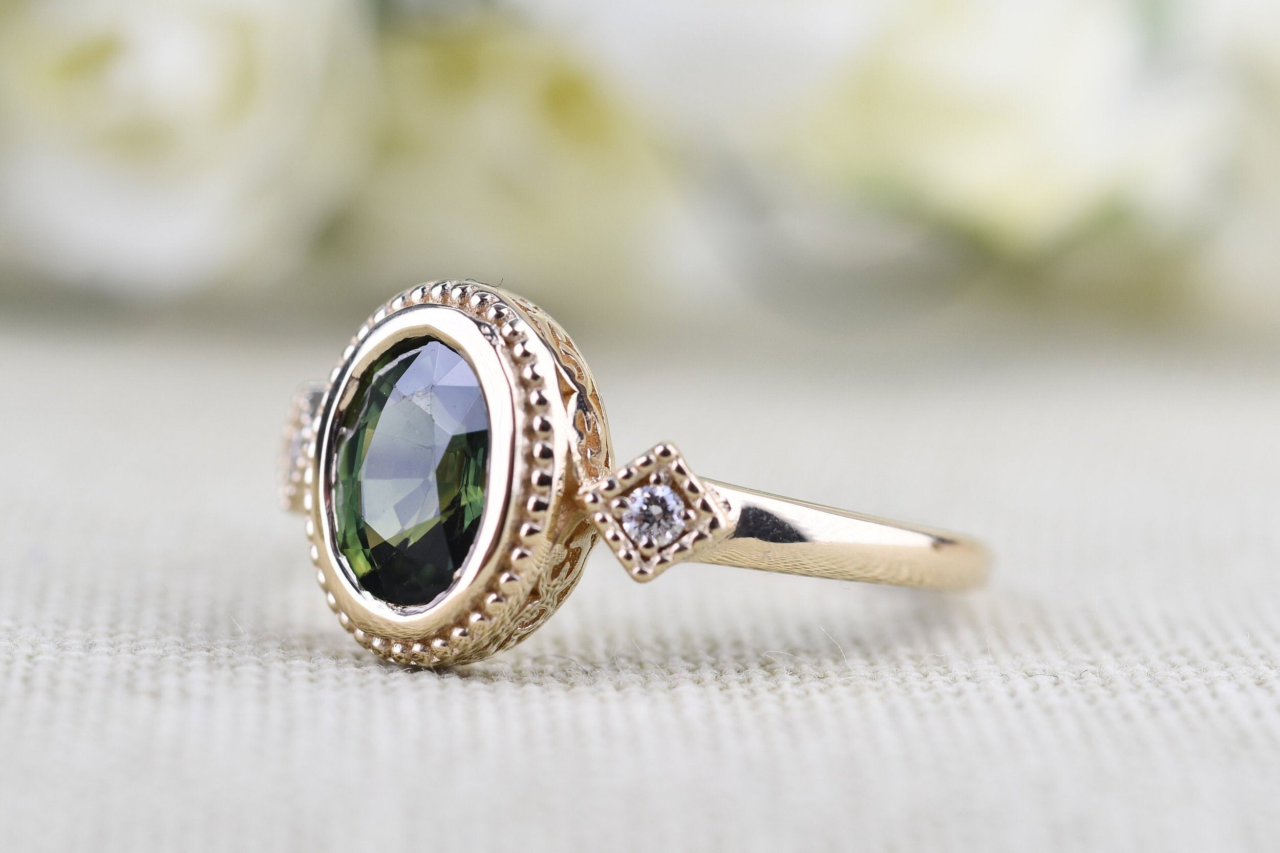 Art Deco Green Sapphire Engagement Ring 14k Solid Yellow Gold - Etsy
