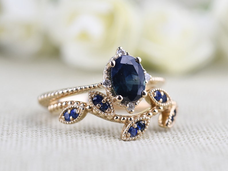 Blue Sapphire Vintage Engagement Ring Oval Sapphire ,white Diamond , Solid 14k Yellow Gold Bridal Set image 5