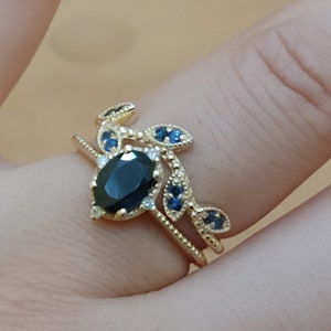 Blue Sapphire Vintage Engagement Ring Oval Sapphire ,white Diamond , Solid 14k Yellow Gold Bridal Set image 10