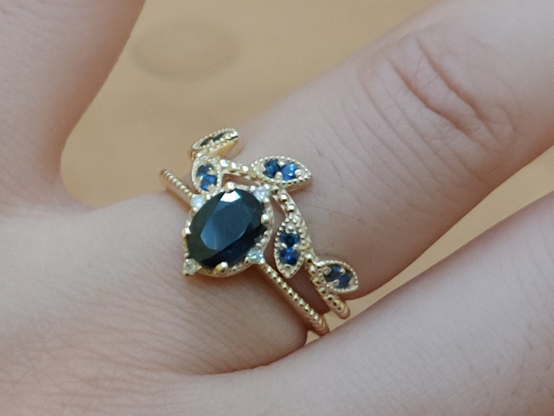 Blue Sapphire Vintage Engagement Ring Oval Sapphire ,white Diamond , Solid 14k Yellow Gold Bridal Set image 10