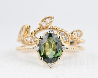 Special Olive Green Oval Sapphire Vintage Engagement ring , 14k yellow gold White Diamond  Solid Yellow Gold Bridal Set