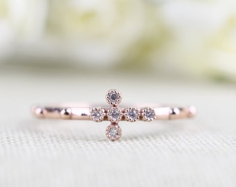 Cross Rosary Ring, Solid 10k 14k Rose Gold Ring