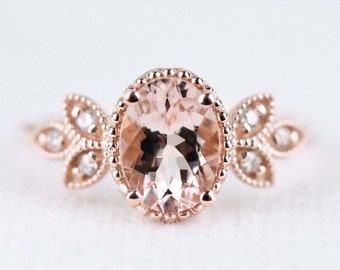Pink-peach Oval  Morganite Ring, Vintage Leaf Design Engagement Ring, white diamond  solid rose gold ring