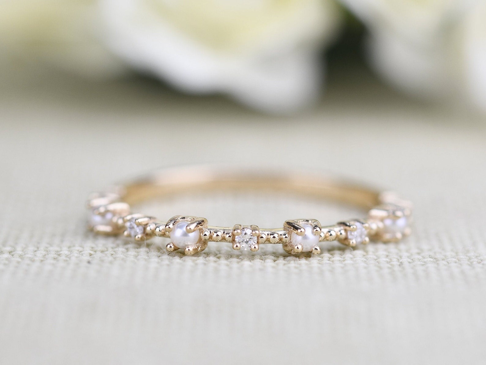 White Fresh Pearls and White Diamond Vintage Wedding Band Solid 14k