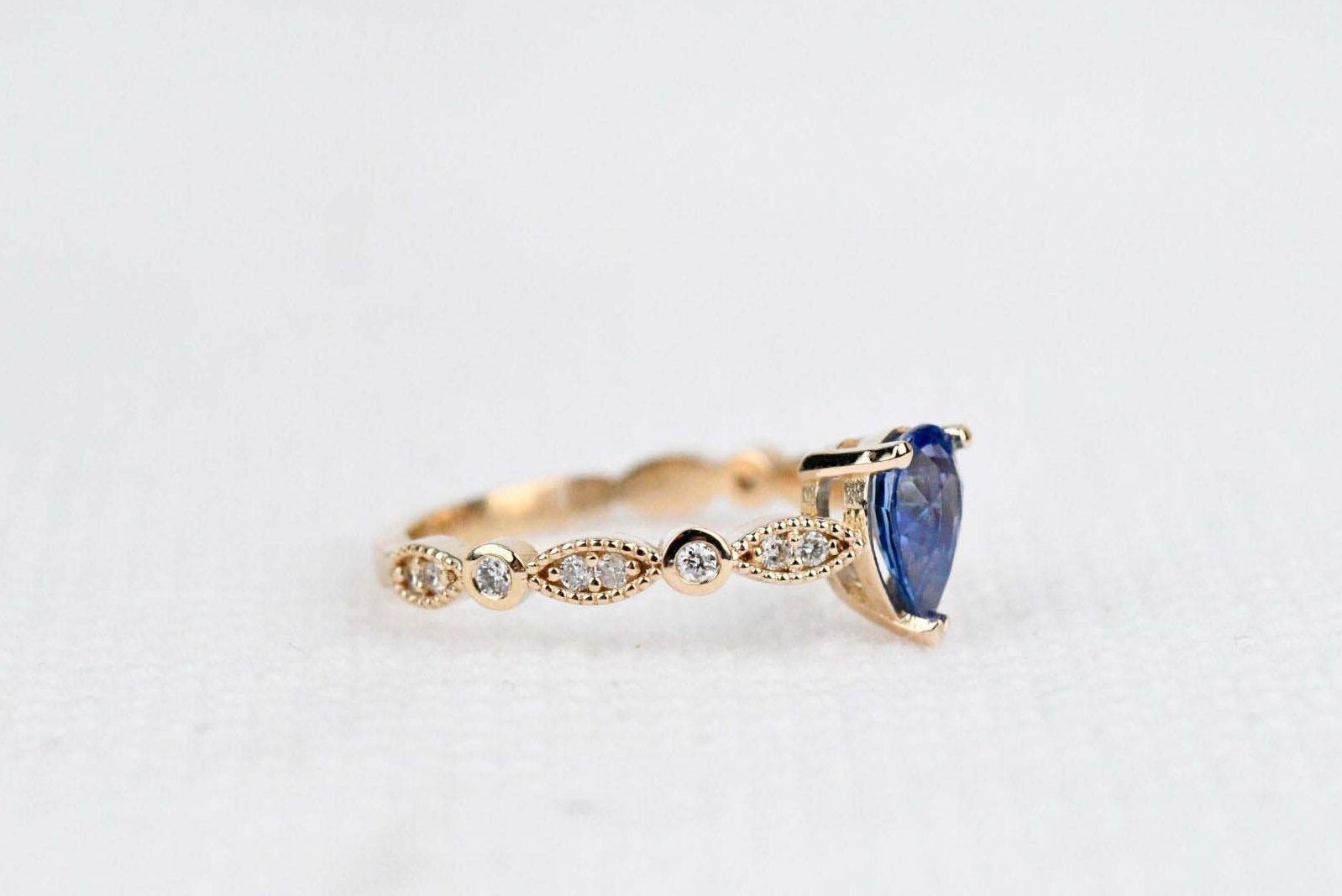 Blue Sapphire Pear Shape Engagement Ring Art Deco Style | Etsy