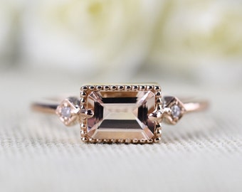 Art Deco, emerald cut morganite Engagement ting, solid rose gold white diamond vintage ring