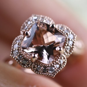 The Queen of Floral Morganite Engagement Ring Solid 14k Rose Gold white Diamond Ring