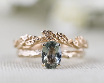 Tree texture Olive Green Sapphire Solid 14k Gold Engagement Ring