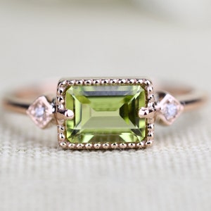 Art Deco style Peridot White Diamond  Engagement Ring Solid Gold  Ring