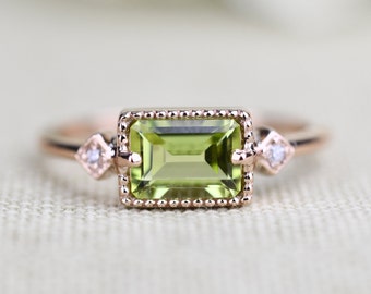 Art Deco style Peridot White Diamond  Engagement Ring Solid Gold  Ring