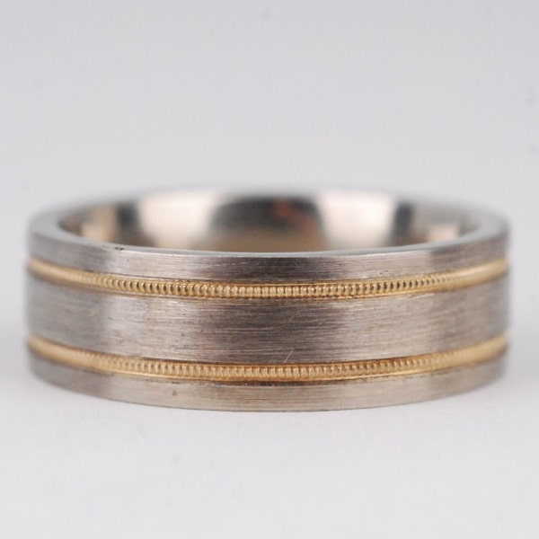 Hand made two tones  milgrain men's wedding band Brushed finish solid white gold with yellow gold ring