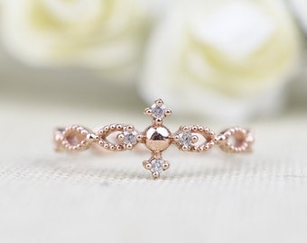 Minimalist Sophia Rosary Ring, White Diamond 14k Rose gold ring