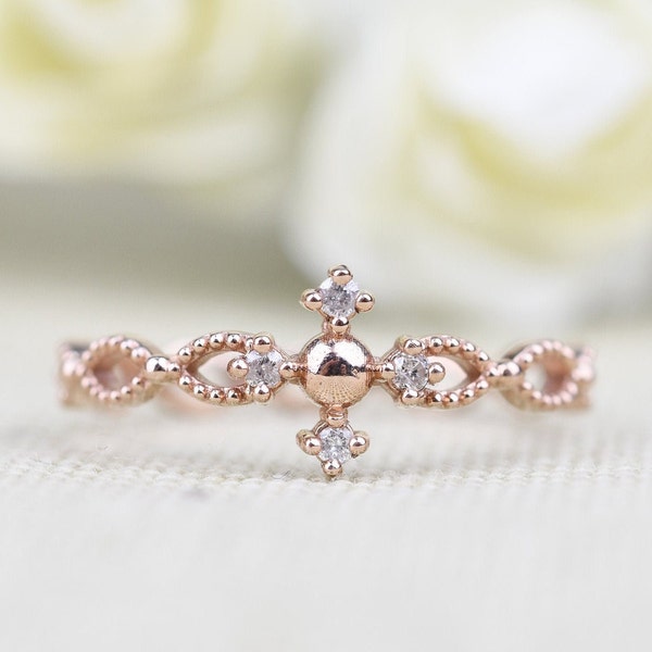 Minimalist Sophia Rosary Ring, White Diamond 14k Rose gold ring