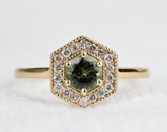 Custom order) Hexagon Art Deco, Natural Green Sapphire white Diamond  Engagement Ring