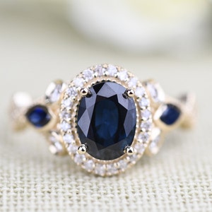 Vintage Style 1.8 Oval Blue Sapphire White Diamond Halo 14K Solid Yellow Gold Engagement ring