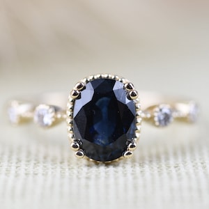 Oval Dark Blue Sapphire Art Deco Ring. Solid 14k Yellow Gold White Diamond Vintage Engagement  Ring