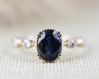 Oval Dark Blue Sapphire Art Deco Ring. Solid 14k Yellow Gold White Diamond Vintage Engagement  Ring