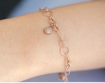 Lovely links & diamond Charm Bracelet, 14k Solid Rose Gold, Yellow Gold Daily Bracelet