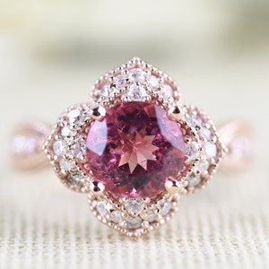 The Queen of Floral Pink Tourmaline Engagement Ring , White Diamond 14k  Rose Gold Vintage Ring