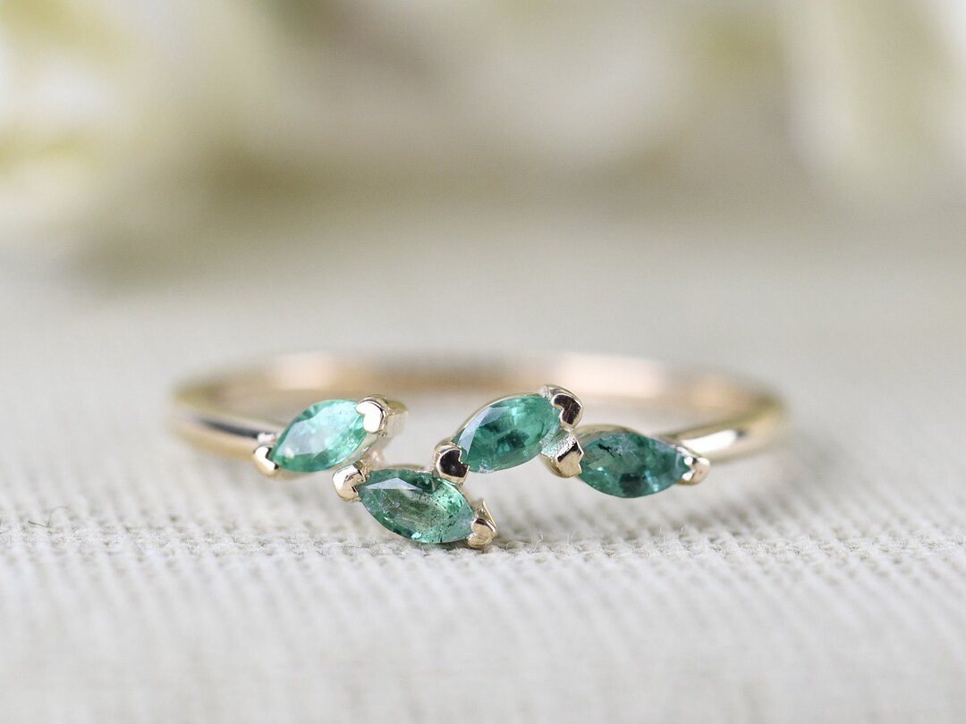 Marquise Emerald Ivy Wedding Band 14k Solid Yellow Gold Rose Gold Ring ...