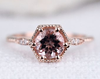 Vintage Hexagon Style peach-Pink Morganite Engagement ring White diamond Solid 10k, 14k Rose Gold Ring