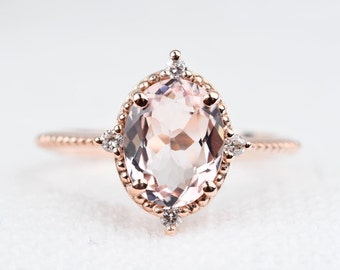 Vintage Pink Morganite engagement ring  1.8 ct oval Morganite & White Diamond Solid 14k Rose Gold Ring