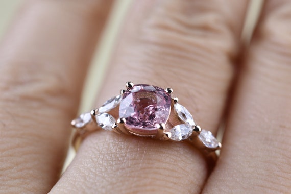 Cushion Cut Pink Spinel Engagement Ring 14K Solid Rose Gold Ring