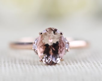 Oval Shape, pink Morganite Solitary Engagement ring white diamond rose gold ring