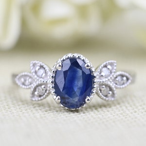 Aet Deco Oval Blauer Saphir Ring Weißer Diamant Massiv 14k Gold Verlobungsring