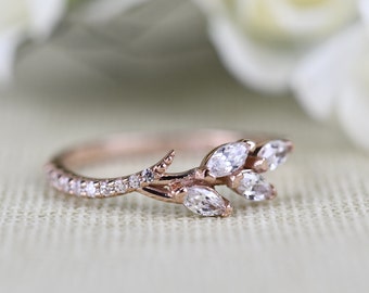 Gorgeous Natural Leaf  Band , Natural  White Diamond 14 Solid Gold Wedding Ring