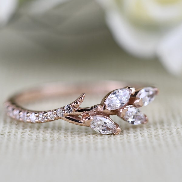 Gorgeous Natural Leaf  Band , Natural  White Diamond 14 Solid Gold Wedding Ring