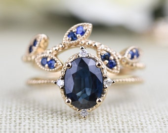 Dark Blue Sapphire Vintage Engagement Ring 1.2 ct Oval Sapphire ,white Diamond , Solid 14k Yellow Gold Bridal Set