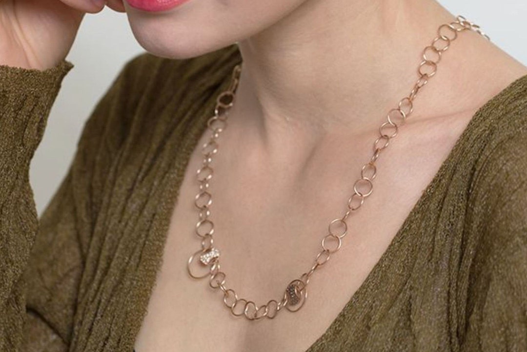 Fabulous Vintage Links Solid 14k Rose Gold Necklace , Cognac