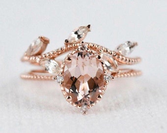 Mogarnite & White Sapphire  Engagement Ring Set  Rose Gold White Diamond Ring Bridal Set