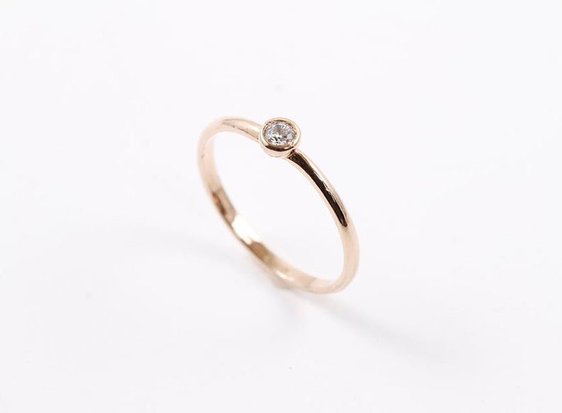 Bezel set White Sapphire ring Round natural Sapphire yellow gold rose gold engagement ring