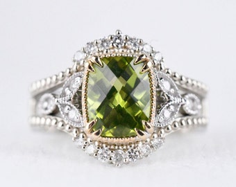 2.5 ct Cushion cut, Peridot  Engagement ring  and Jacket Set  , 14k yellow and white gold white diamond Vintage Ring Set