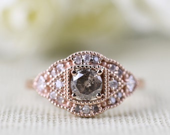 Antique Style Cognac Diamond Engagement Ring solid 14k  rose gold white diamond halo ring